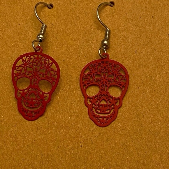 Hand Crafted Jewelry - Red Sugar Skull Dangle Earrings